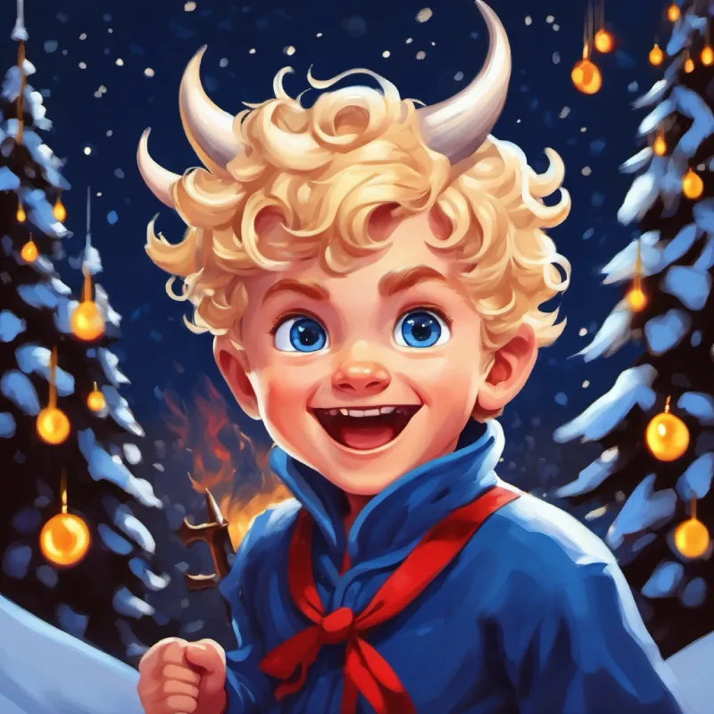 The final confrontation begins, showing Little devil boy, blond curls, midnight blue eyes, mischievous grin's dual emotions.