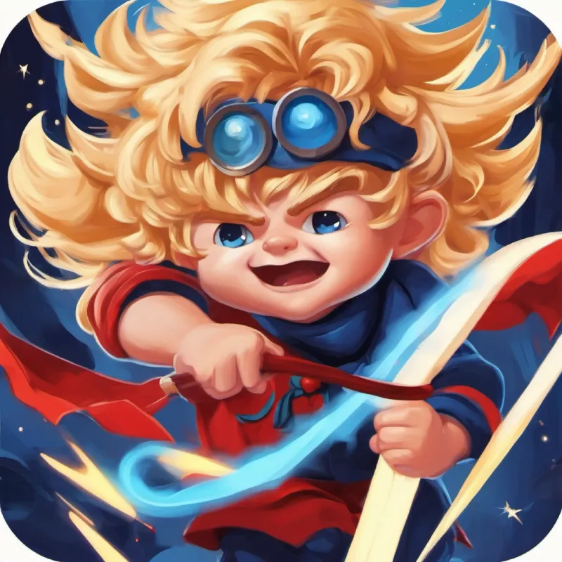 Little devil boy, blond curls, midnight blue eyes, mischievous grin fights courageously, helping to win the battle.