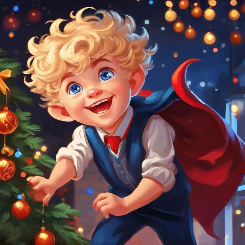 Little devil boy, blond curls, midnight blue eyes, mischievous grin rushes to warn his father, showcasing agility.