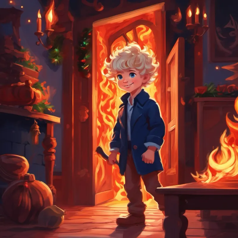 Little devil boy, blond curls, midnight blue eyes, mischievous grin reaches his father's chamber, a place of fiery ambience.