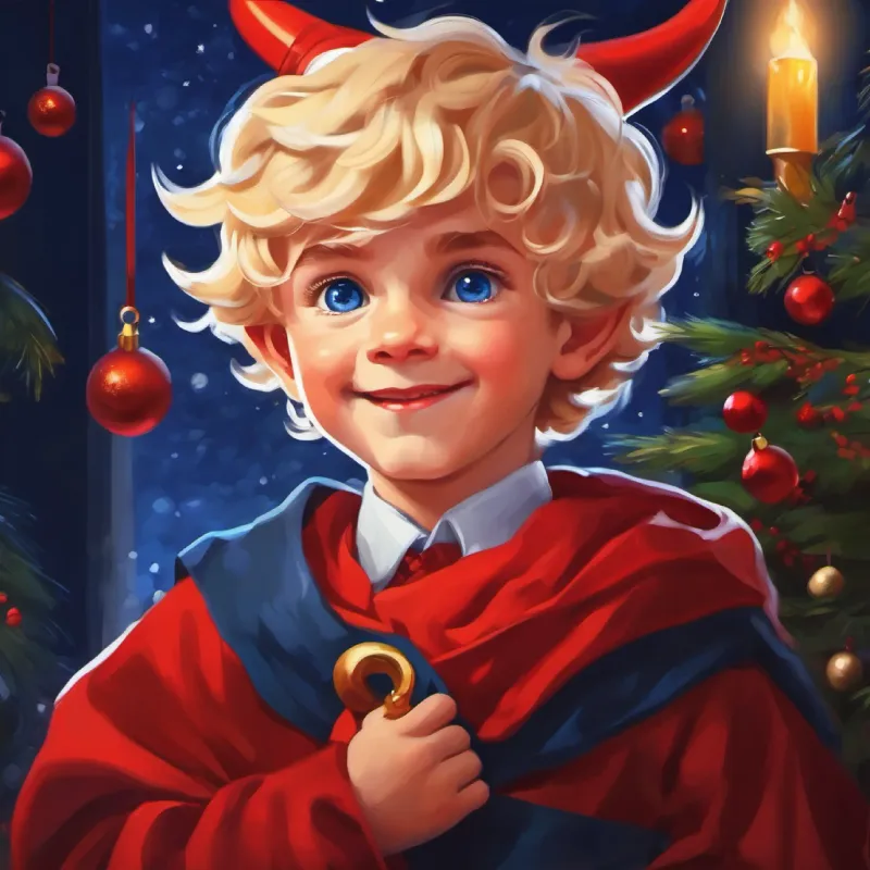 Little devil boy, blond curls, midnight blue eyes, mischievous grin informs his father of the human threat.