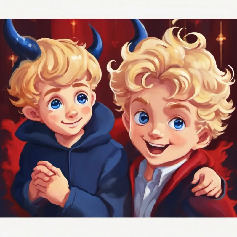 Little devil boy, blond curls, midnight blue eyes, mischievous grin's father reacts with concern, questioning Little devil boy, blond curls, midnight blue eyes, mischievous grin.
