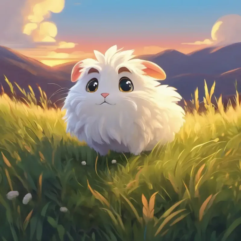 Fluffy white wool, friendly eyes, a tiny hopper is standing in a grassy field, looking around with a worried expression, as the sun sets in the background.