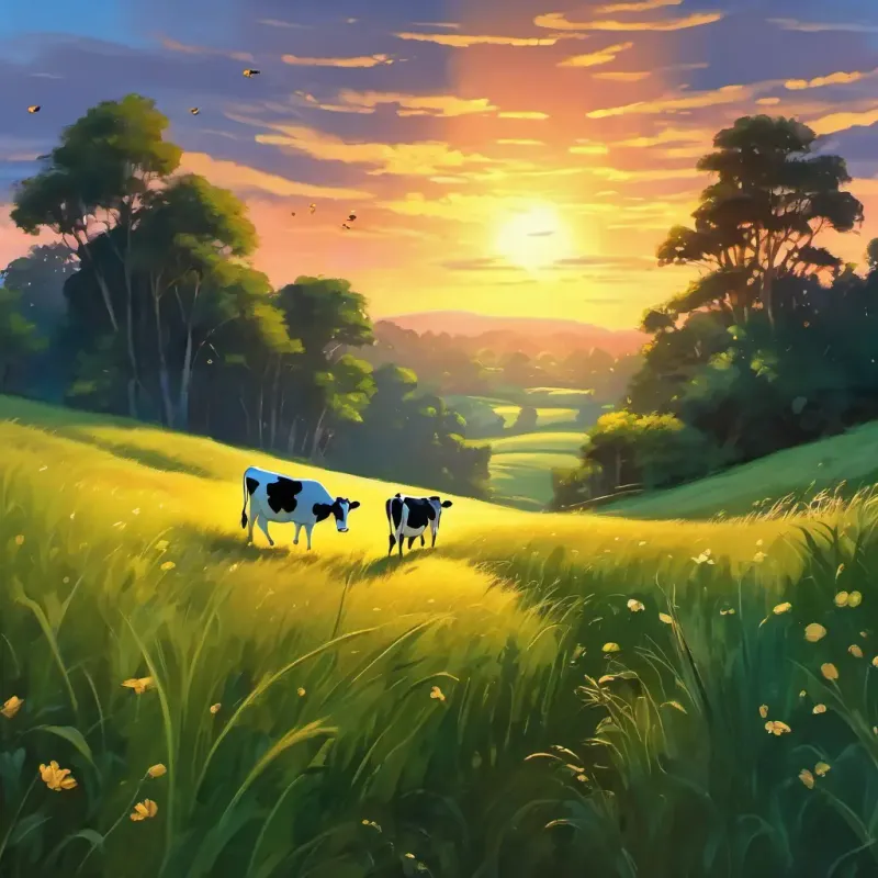 Bella and the cow are walking through the tall grass, with a setting sun and twinkling fireflies in the distance.