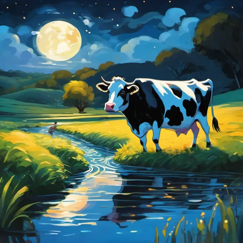 Bella and the cow are crossing a river, with splashing water and moonlight reflecting on the ripples.