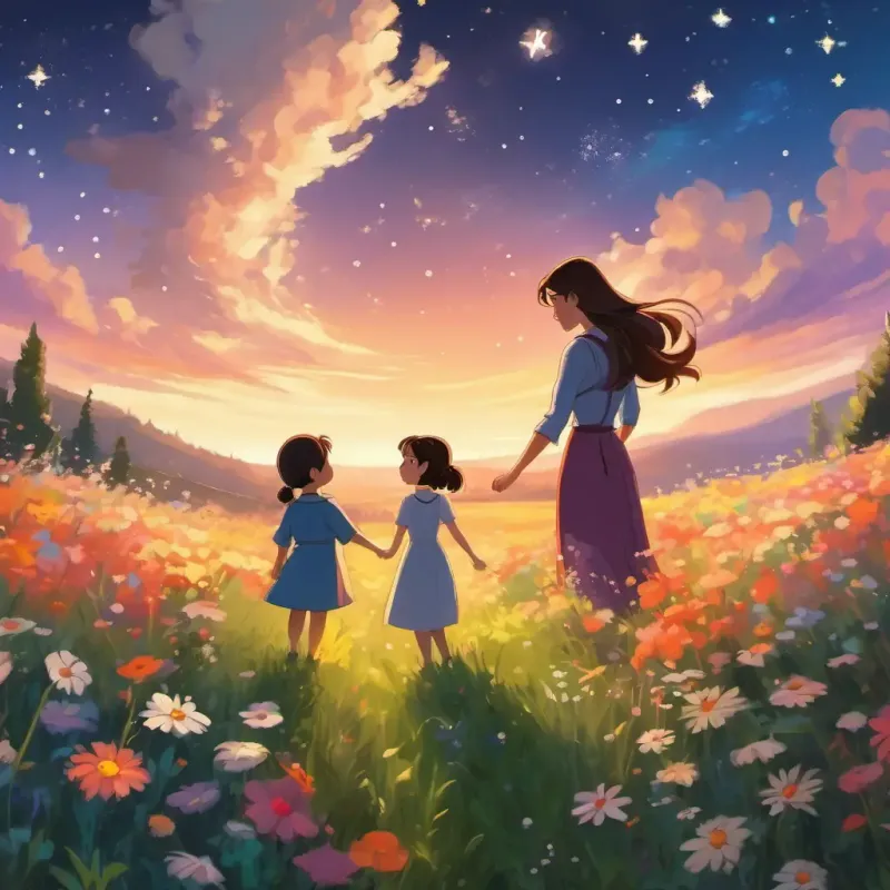 Bella and her mom meet in a flowery meadow, with a painted sky in the background and twinkling stars overhead.