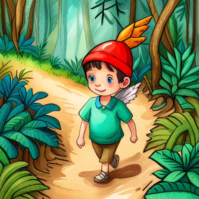 Curious boy with short brown hair wearing a red hat and Green dragon with blue eyes and white wings walking through lush jungle