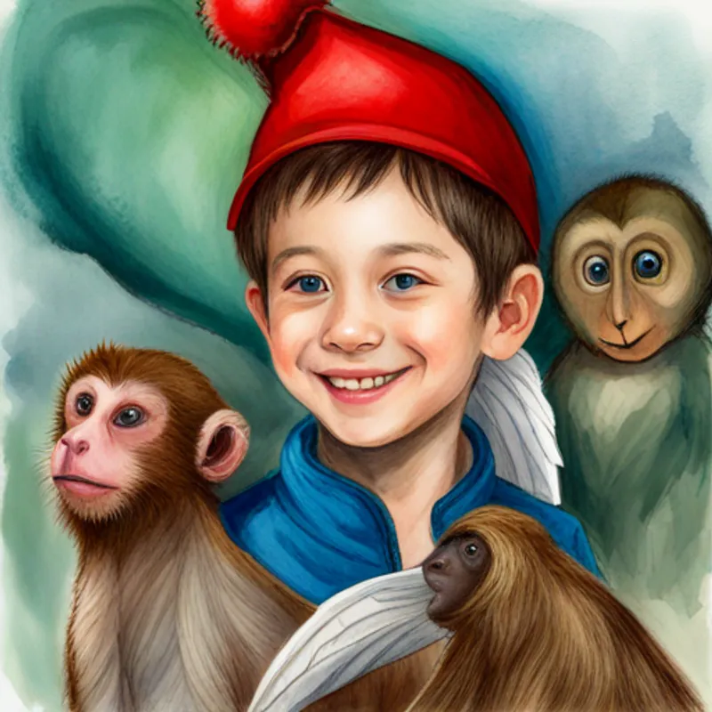 Curious boy with short brown hair wearing a red hat, Green dragon with blue eyes and white wings, and Playful monkey with brown fur and a big smile laughing and playing together
