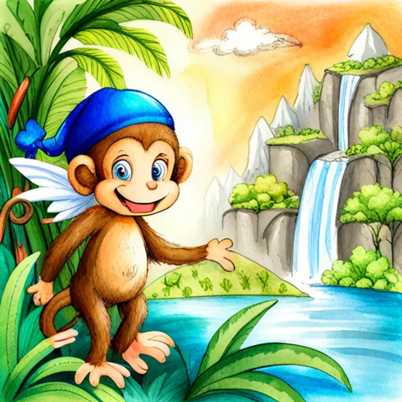 Playful monkey with brown fur and a big smile, Curious boy with short brown hair wearing a red hat, and Green dragon with blue eyes and white wings amazed by sparkling waterfall