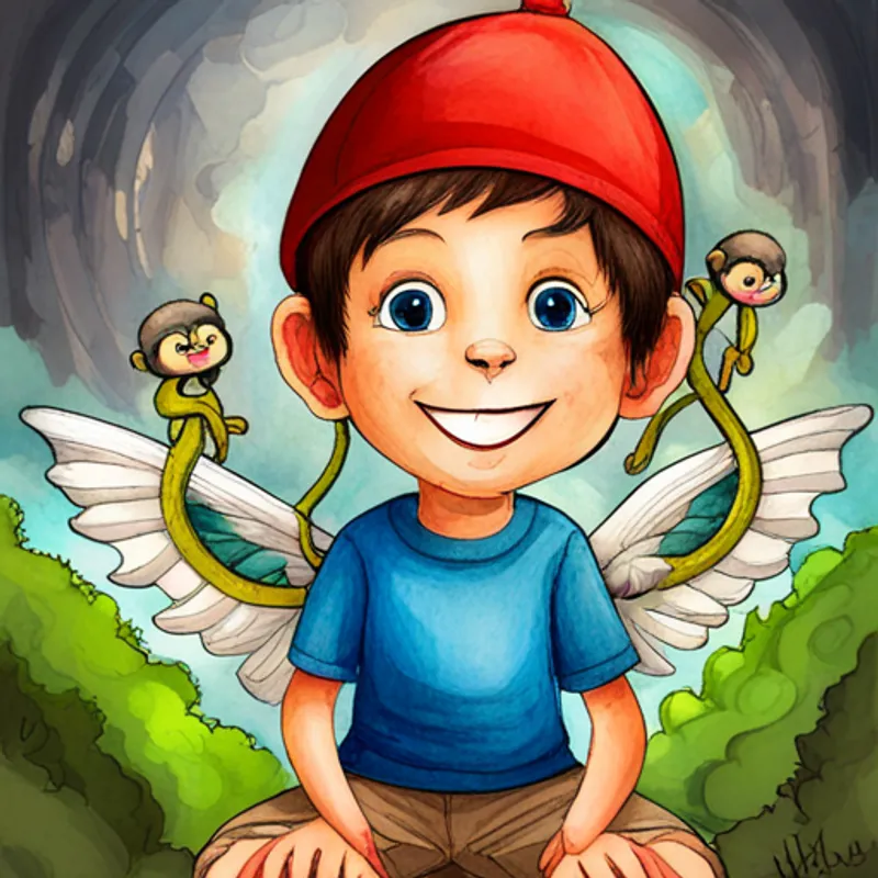 Curious boy with short brown hair wearing a red hat, Green dragon with blue eyes and white wings, and Playful monkey with brown fur and a big smile puzzled in front of temple