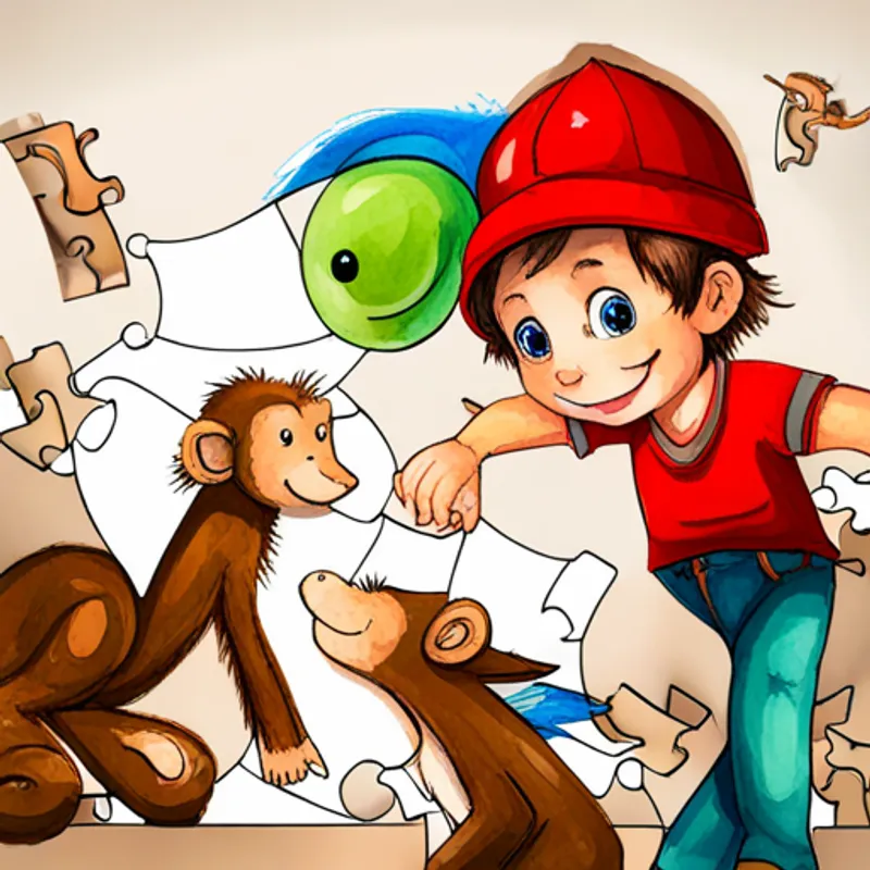 Curious boy with short brown hair wearing a red hat, Green dragon with blue eyes and white wings, and Playful monkey with brown fur and a big smile high-fiving after solving puzzle