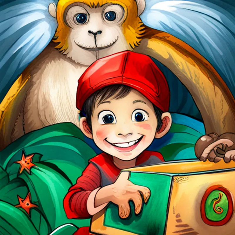 Curious boy with short brown hair wearing a red hat, Green dragon with blue eyes and white wings, and Playful monkey with brown fur and a big smile excitedly opening treasure chest