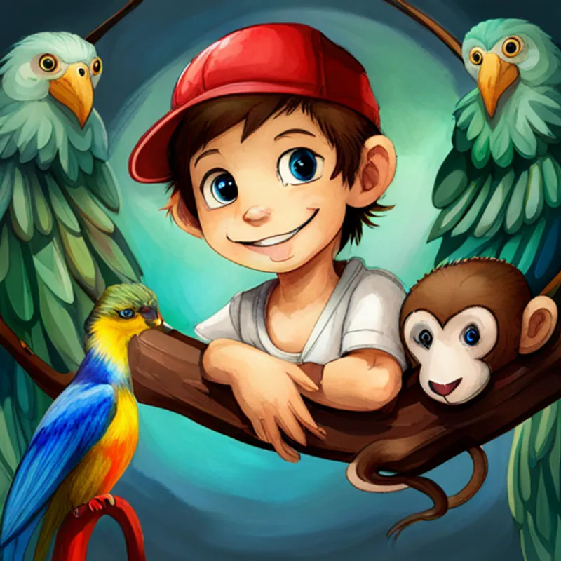 Curious boy with short brown hair wearing a red hat, Green dragon with blue eyes and white wings, Playful monkey with brown fur and a big smile, and the Colorful bird with red, blue, and green feathers trying to open chest