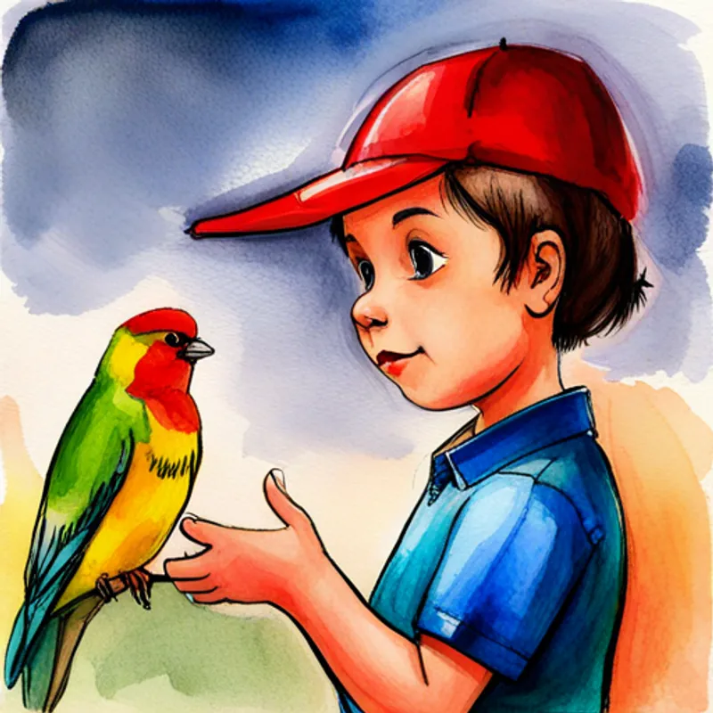 Curious boy with short brown hair wearing a red hat politely talking to the Colorful bird with red, blue, and green feathers