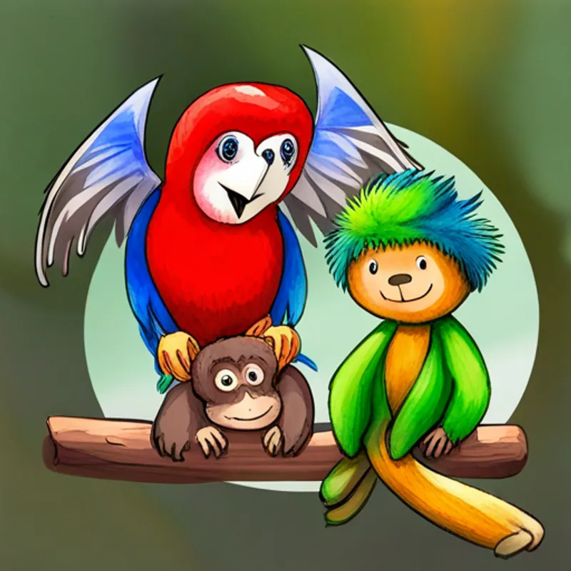 Parrot helping Curious boy with short brown hair wearing a red hat, Green dragon with blue eyes and white wings, and Playful monkey with brown fur and a big smile open the chest