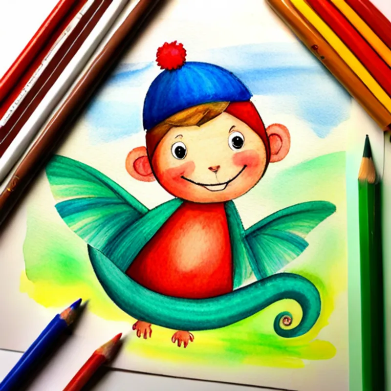 Curious boy with short brown hair wearing a red hat, Green dragon with blue eyes and white wings, Playful monkey with brown fur and a big smile, and the Colorful bird with red, blue, and green feathers happily celebrating