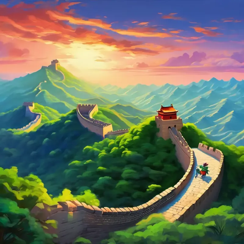 Zorblax lands on Earth, meets Calm, with blue skin and kind green eyes at the Great Wall of China.