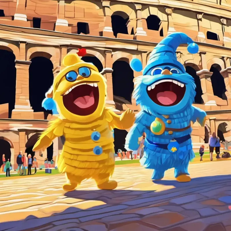 Zorblax encounters Cheerful, with yellow skin and bright blue eyes at the Colosseum in Rome.