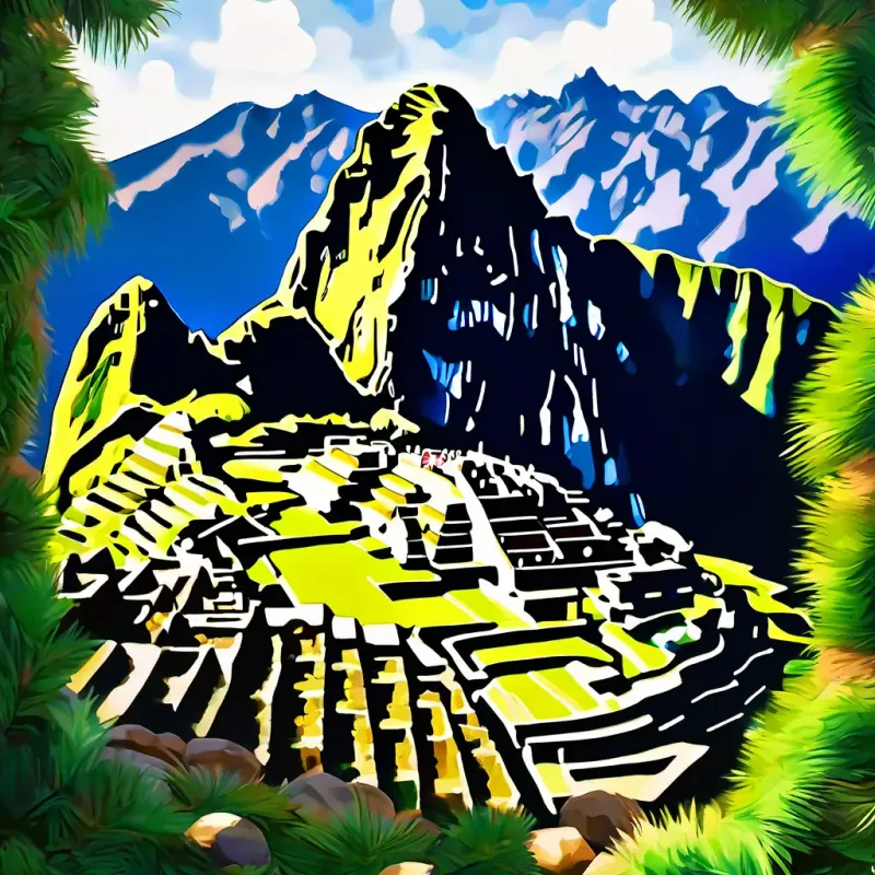 Zorblax learns from Understanding, with green skin and compassionate brown eyes at Machu Picchu in Peru.