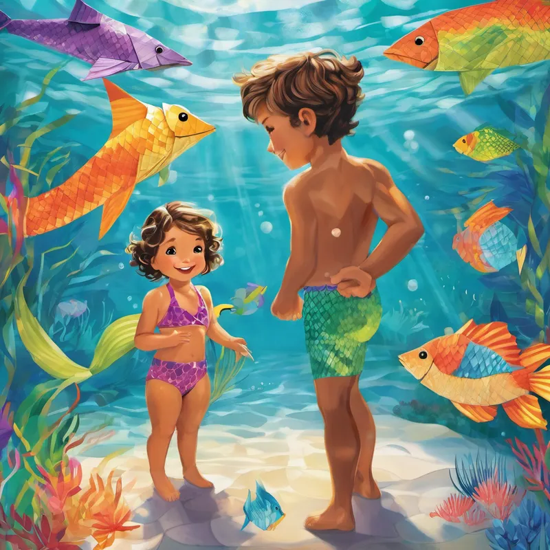 As the two siblings changed into their swimwear, Grandpa reminded them to listen carefully to his swimming rules. "Remember, my dears," he said, "Always listen to your surroundings while swimming. It's important to listen to the water's whispers." Delilah nodded with a bright smile, ready for her adventure, while Sawyer's mind wandered off with excitement. Once Sawyer jumped into the pool, something magical happened. As he swam around, his legs started to transform into a shimmering tail, covered in beautiful scales. Sawyer's eyes widened with astonishment – he had become a real-life mermaid!