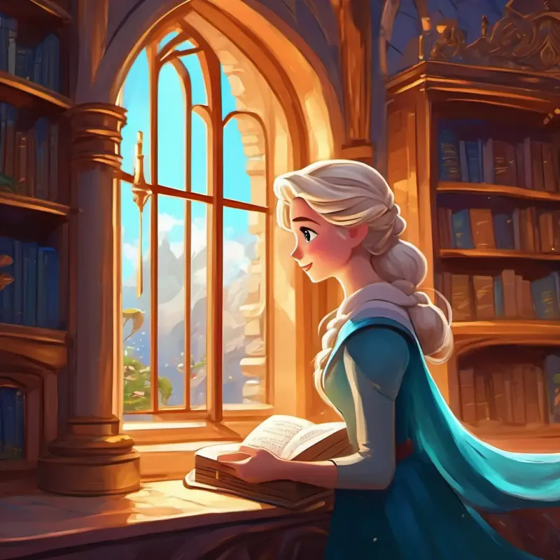 Elsa in her castle, discovering the hidden room and the magical book