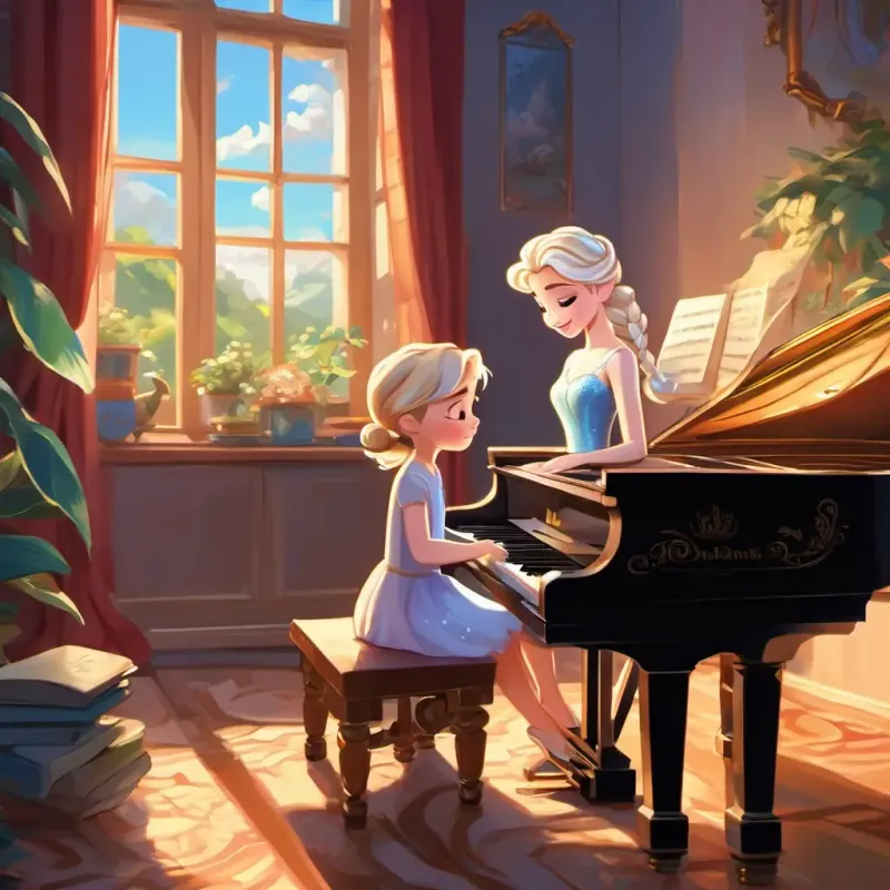 Elsa playing the melody on her piano, the room filling with light, and the characters coming to life