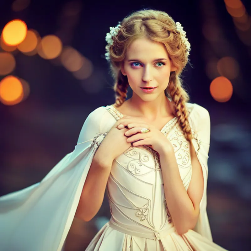 Golden hair, blue eyes, beautiful dress and Curly hair, charming smile, royal attire in a fairytale kingdom