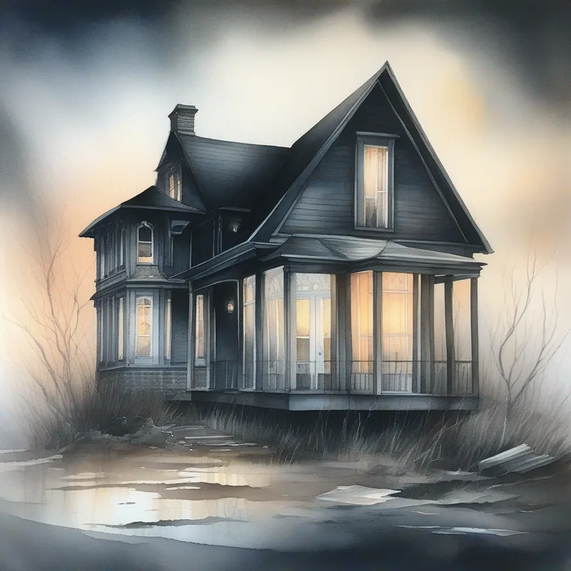 Dark and dusty house, Translucent white, glowing with a hint of sadness floating near broken furniture