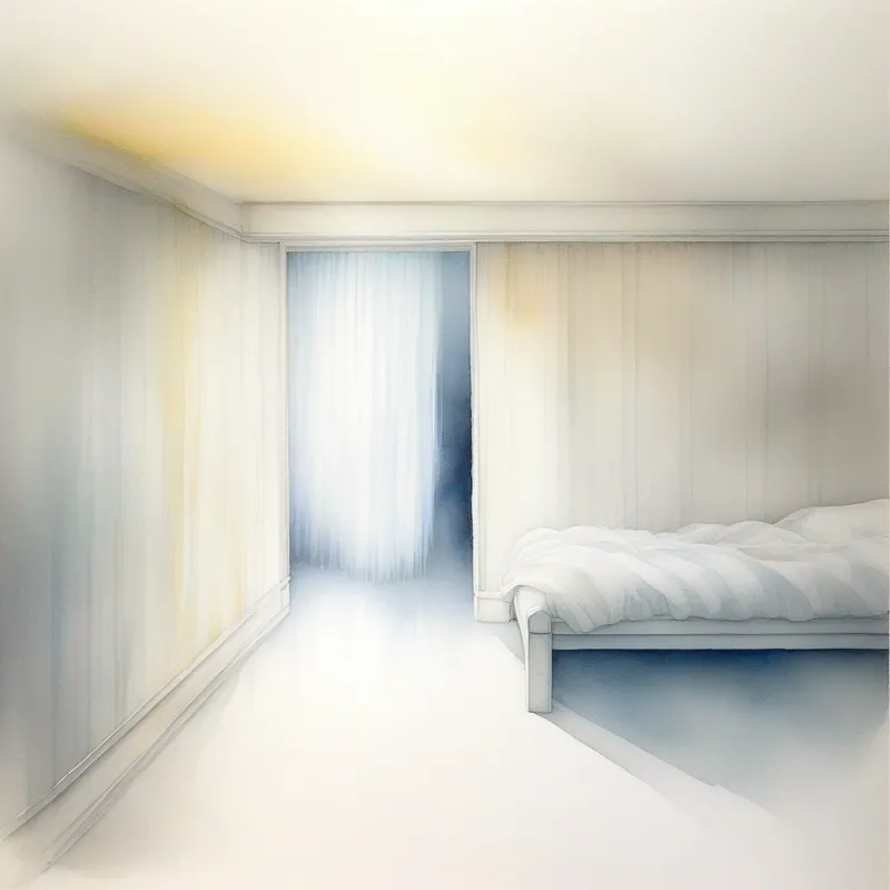 Translucent white, glowing with a hint of sadness hiding under the bed, humans passing by outside