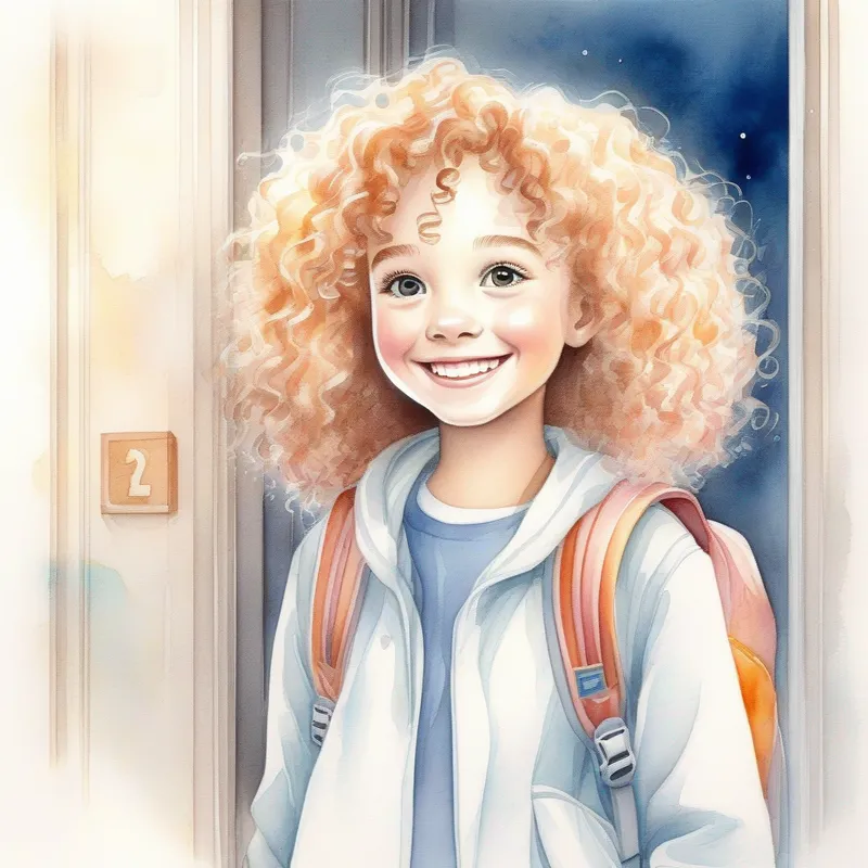Curly-haired girl with a bright smile, always curious with a backpack at the doorstep, Translucent white, glowing with a hint of sadness observing from afar