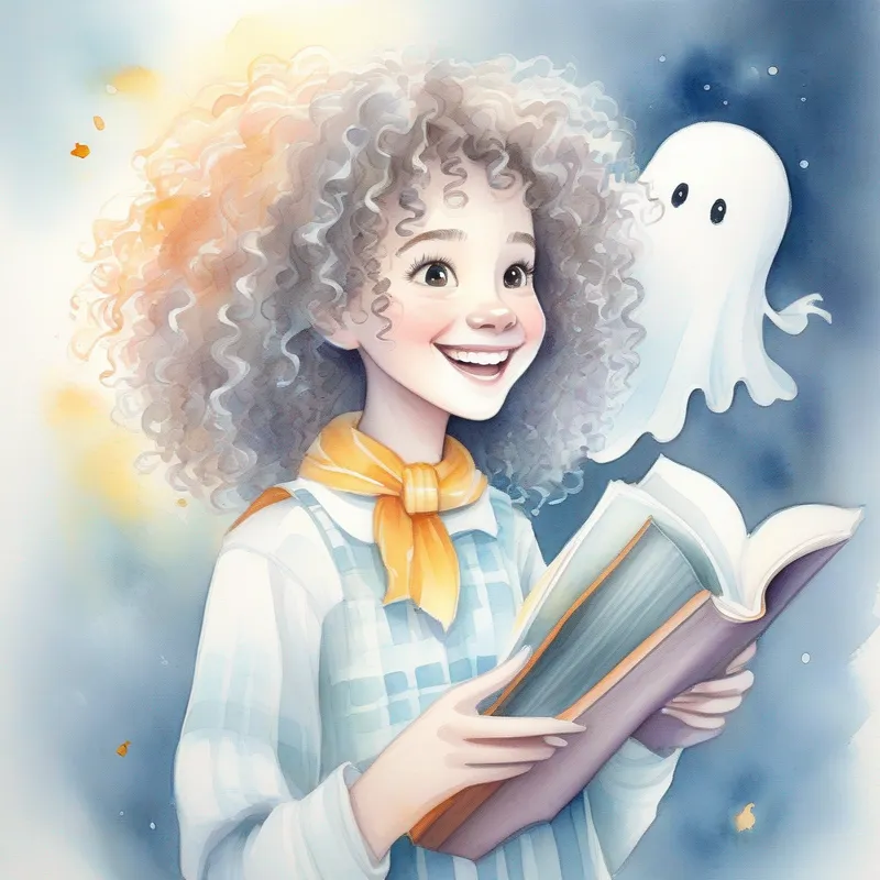 Curly-haired girl with a bright smile, always curious holding a book about ghosts, looking excited