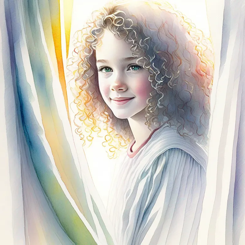 Translucent white, glowing with a hint of sadness peeping behind curtains, watching Curly-haired girl with a bright smile, always curious's every move