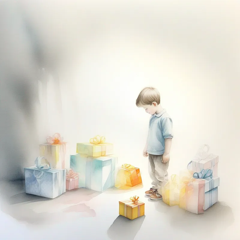 Gifts like drawings and toys near Translucent white, glowing with a hint of sadness's hiding spot