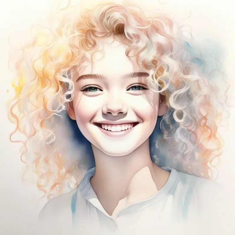 Translucent white, glowing with a hint of sadness cautiously floating towards Curly-haired girl with a bright smile, always curious with a smile