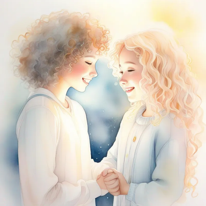 Translucent white, glowing with a hint of sadness holding hands with Curly-haired girl with a bright smile, always curious, surrounded by a warm light