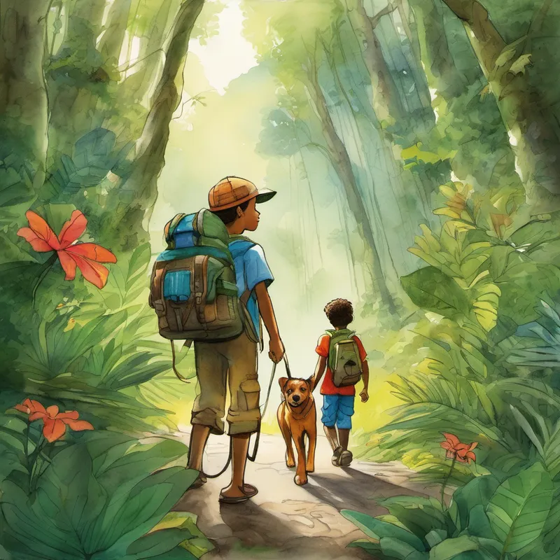 Before leaving, Billy made sure they were well-prepared for the journey. He packed their backpacks with snacks, water, and a little map he had drawn based on his dream. With their supplies ready, they set off into the unknown, where lush greenery and exotic sounds awaited them. As they entered the jungle, Billy and Max marveled at the towering trees and vibrant flowers surrounding them. A gentle breeze rustled the leaves, creating a soothing sound that made Max wag his tail even faster.