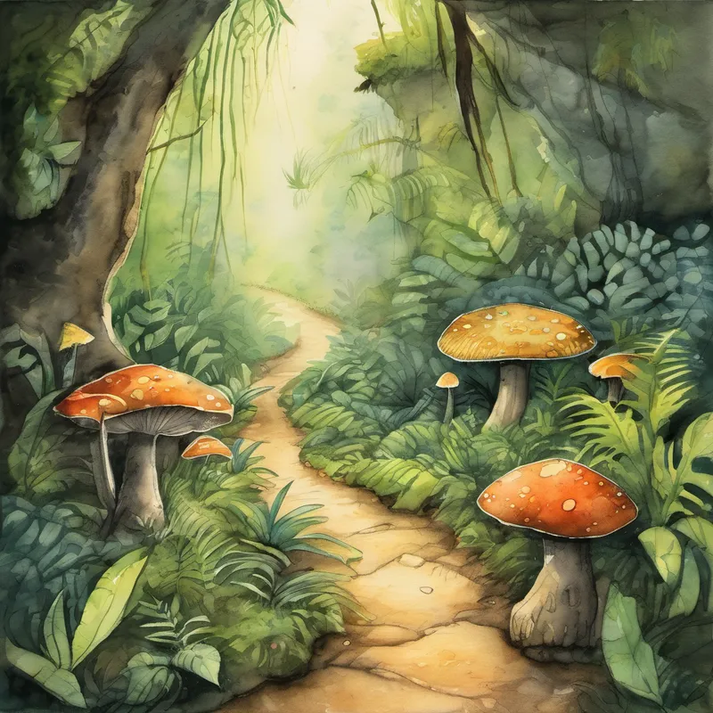 As they walked deeper into the jungle, Billy noticed peculiar footprints on the ground. "Max," he whispered, "look at these footprints! They look like they belong to a creature we've never seen before." They decided to follow the footprints, believing it would lead them to a surprising encounter. Not long after, they stumbled upon a hidden cave covered in moss. Cautiously, they entered and were stunned by what they saw. Inside the cave, glowing mushrooms illuminated the way, making it feel like they were in an enchanted wonderland. Giggles filled the air when Billy and Max discovered tiny, talking animals called the Glowbugs. The Glowbugs shared stories and riddles, blessing them with good luck for their jungle adventure.