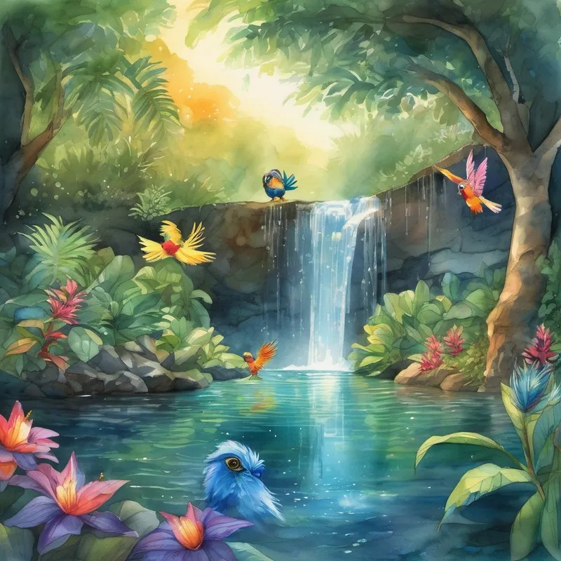 With the Glowbugs' blessing, Billy and Max continued their journey, spotting colorful parrots and mischievous monkeys swinging from the trees. They splashed in the crystal-clear streams and found sparkling gemstones along the riverbanks. Billy couldn't believe that his dream had come true. As dusk approached, they stumbled upon a majestic waterfall cascading into a sparkling pool. Next to it, they found a rare, peculiar flower. As they approached it, the flower emitted a soft glow, revealing a secret message. It said, "To find the greatest treasure, look to the sky at midnight."