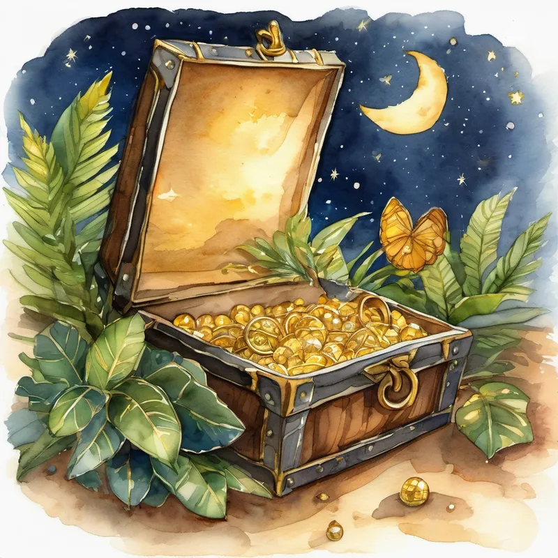 Filled with anticipation, Billy and Max stayed awake until midnight, watching the stars twinkle above them. Suddenly, a shooting star flew across the sky, trailing behind it a golden shimmer. They followed the trail and discovered an ancient treasure chest half-buried in the jungle floor. Billy carefully opened the chest to find it overflowing with treasures from lost civilizations. Among the glittering jewels and ancient artifacts, they found a magic talisman. As Billy held it in his hands, he felt a surge of warmth and love enveloping him.