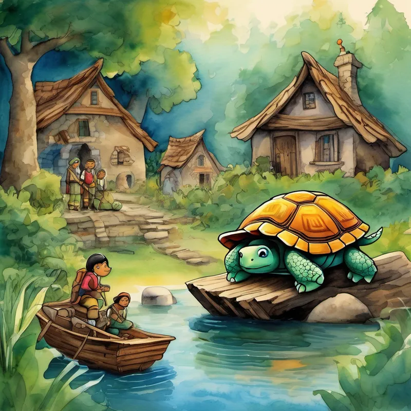 As Benny and the turtles wandered through the forest, they stumbled upon a hidden village. But something was terribly wrong. The once-vibrant village was in ruins, smoke still rising from the houses. The villagers were devastated, for they had just been raided by the fearsome Barbary Pirates, who took everything they had. Benny, feeling compassion for the villagers, decided to help them rebuild their homes and restore their joy. With the turtles following close behind, Benny approached the villagers and offered his assistance. Though skeptical at first, they saw the kindness in his eyes and allowed him to help.