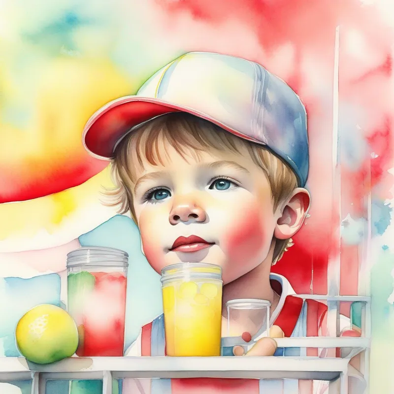 A determined young boy with a dream, wearing a red hat starts a lemonade stand, bright colors