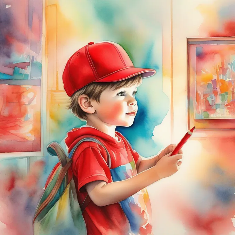 A determined young boy with a dream, wearing a red hat opens an art gallery, vibrant colors