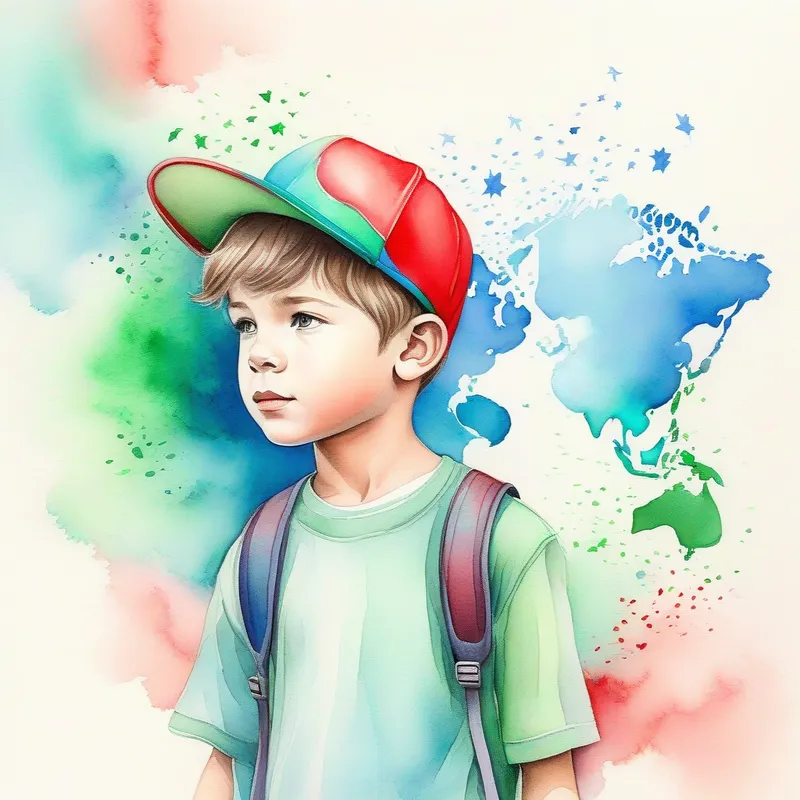 A determined young boy with a dream, wearing a red hat tries stock market, blue and green colors