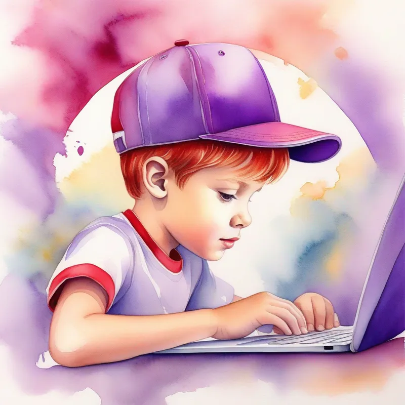 A determined young boy with a dream, wearing a red hat starts an online store, purple and gold colors