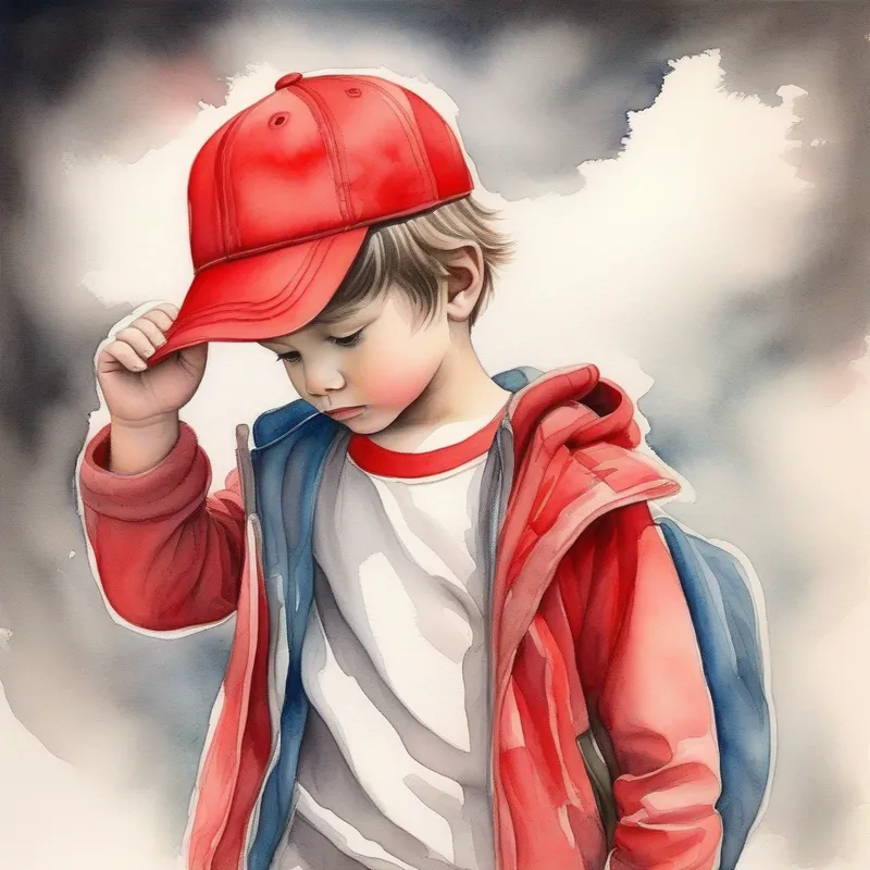 A determined young boy with a dream, wearing a red hat faces challenges, dark and light colors