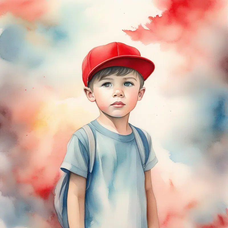 A determined young boy with a dream, wearing a red hat's realization, serene colors