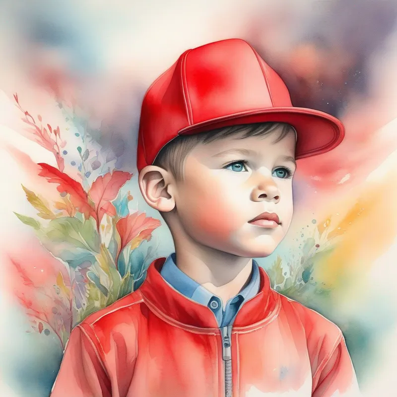 A determined young boy with a dream, wearing a red hat's growth and impact, inspiring colors