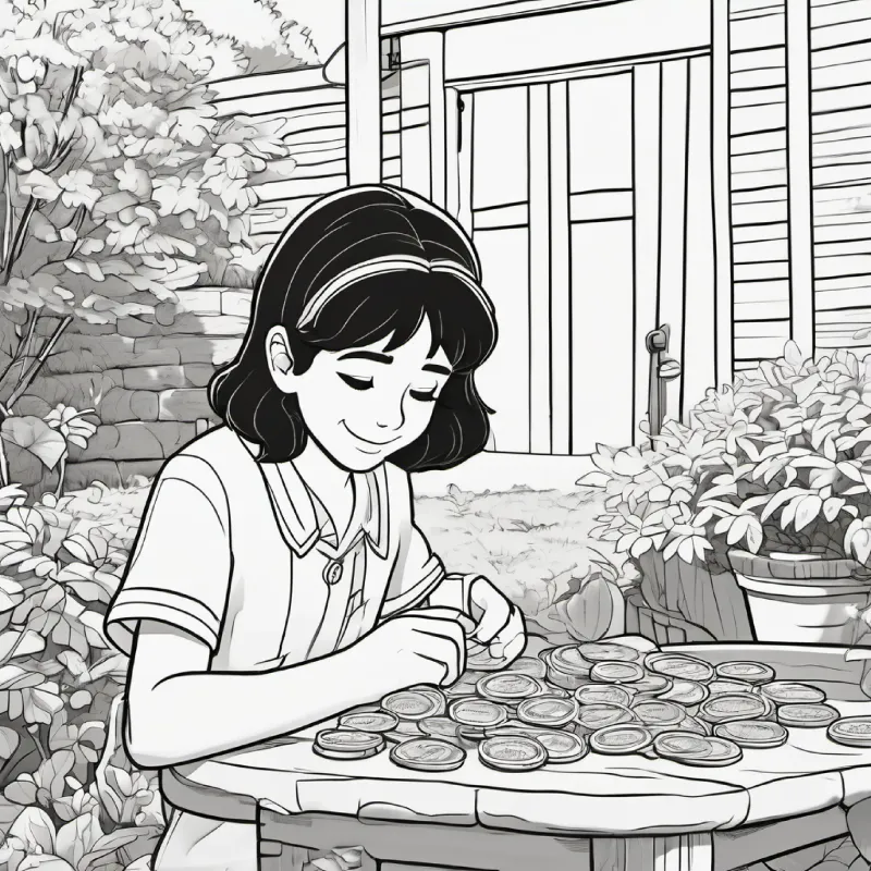 tan skin, brown eyes, black hair finds a coin, backyard, afternoon, sunny day