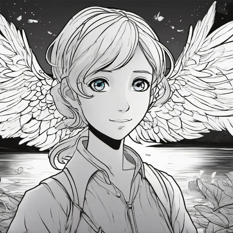 glowing, translucent wings, tiny features explains, wrinkled skin, blue eyes, gray hair listens, river