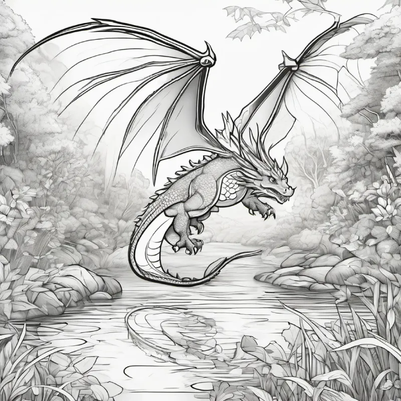 glowing, translucent wings, tiny features reveals dragon and treasure, river
